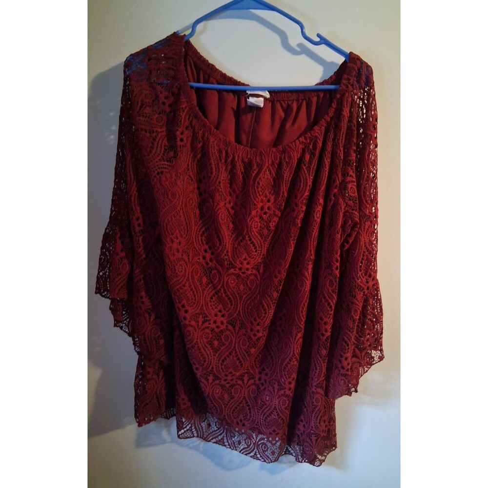 Brittany Black Burgundy Lace 3/4 Sleeve Blouse Sz 2X